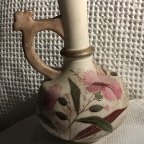Antique Austrian Porcelain Vase with Handle~Hand Painted Flowers-Signed - Picture 2 of 12